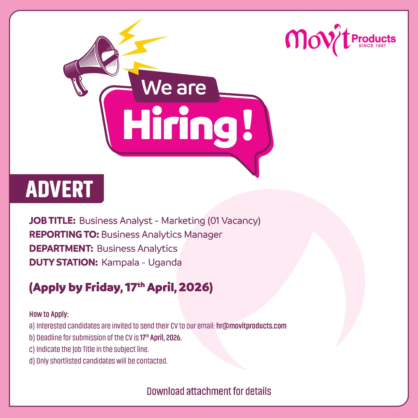 Movit Products Job Advert - BA - 10th April 2026