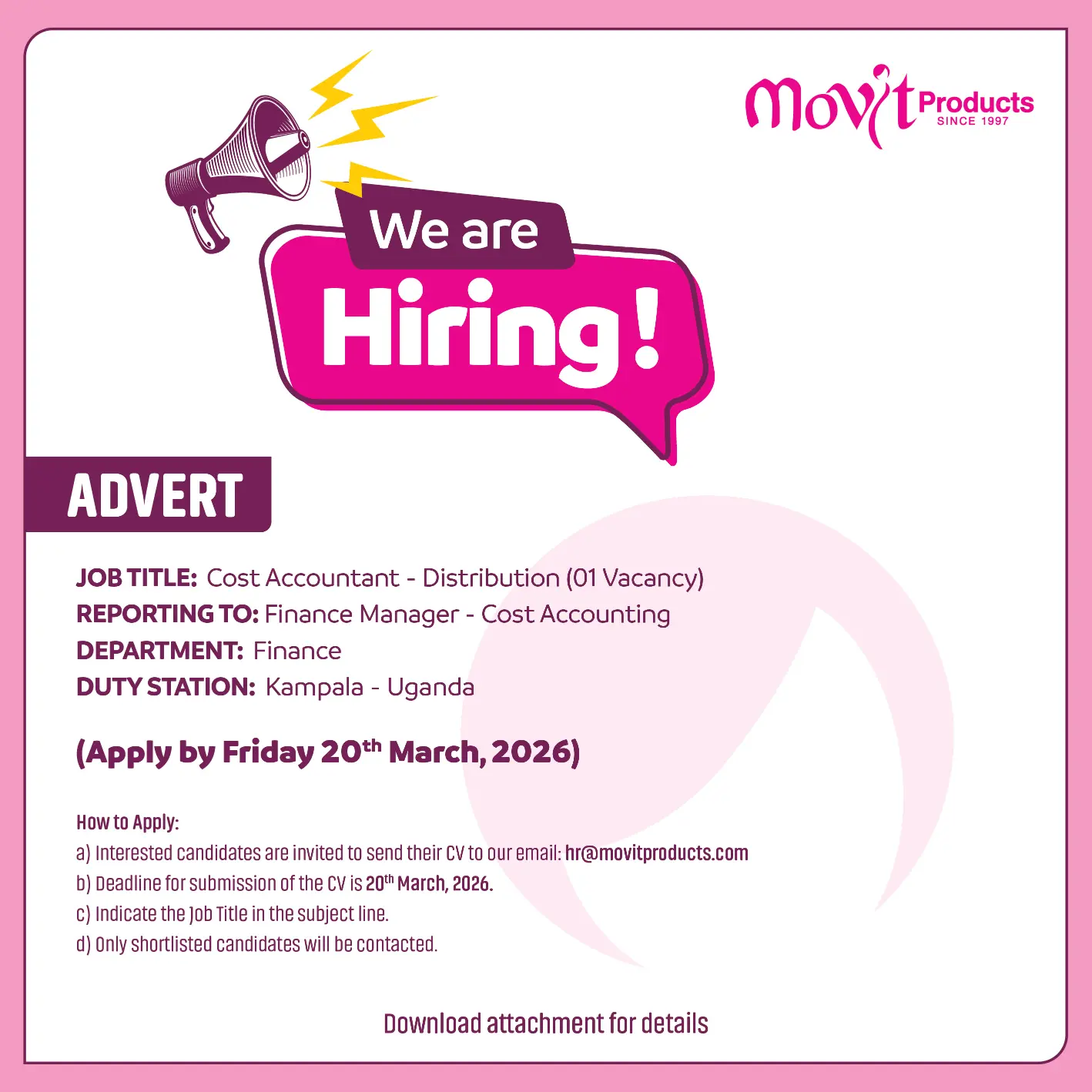 Movit Products Job Advert - Cost Accountant - Distribution - 3rd Mar 2026