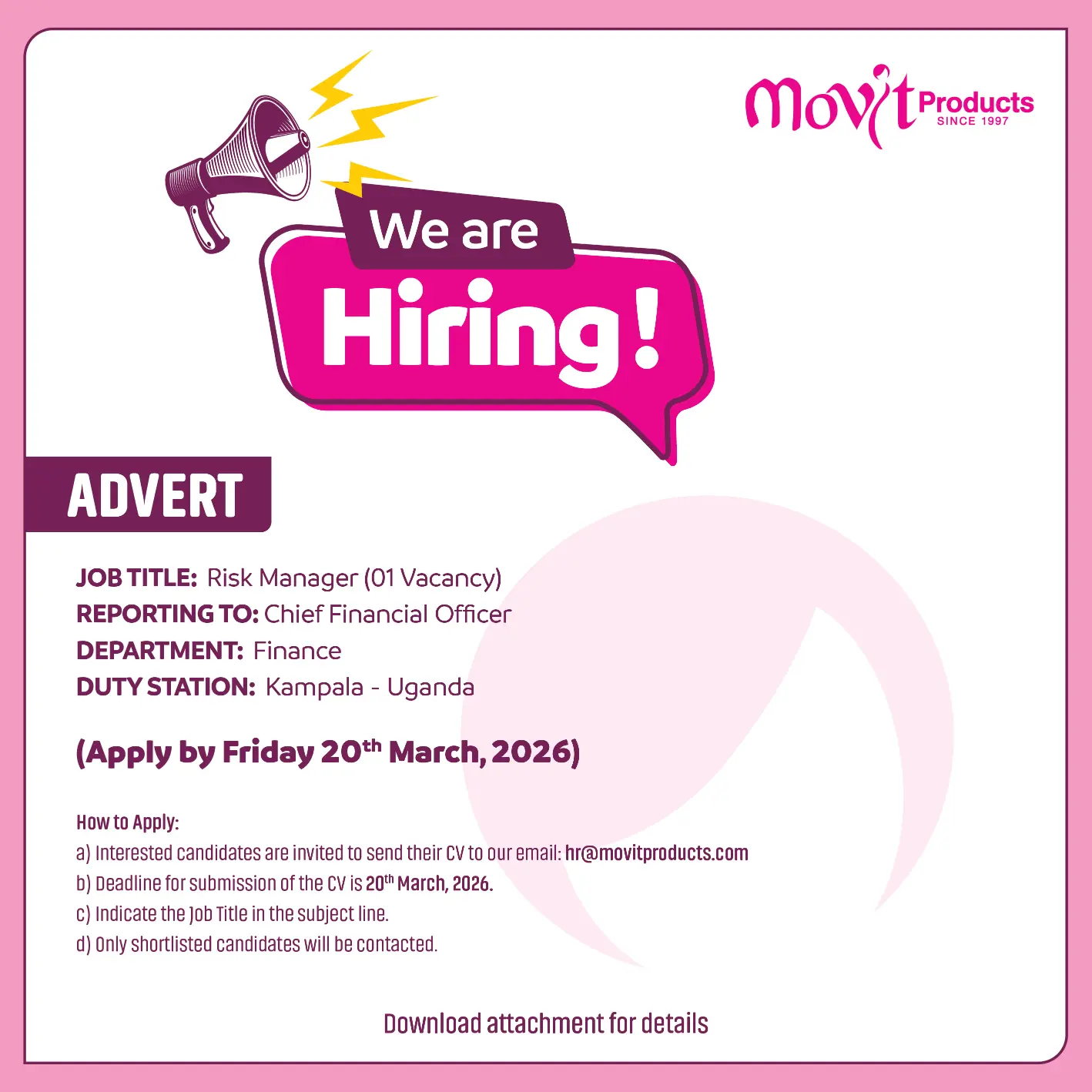 Movit Products Job Advert - Risk Manager - 3rd Mar 2026